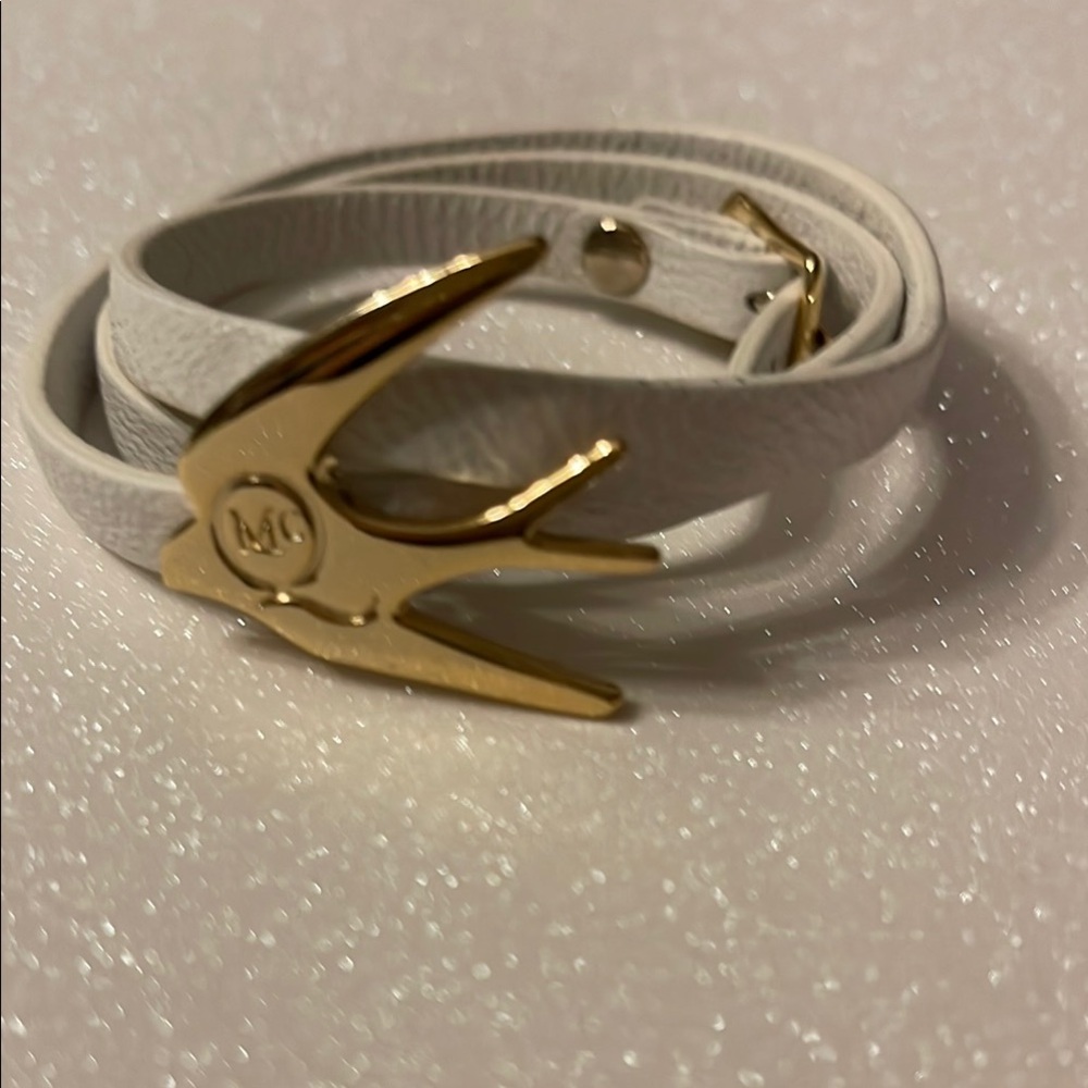 Alexander McQueen White Leather Wrap Bracelet with Bird Gold Accent